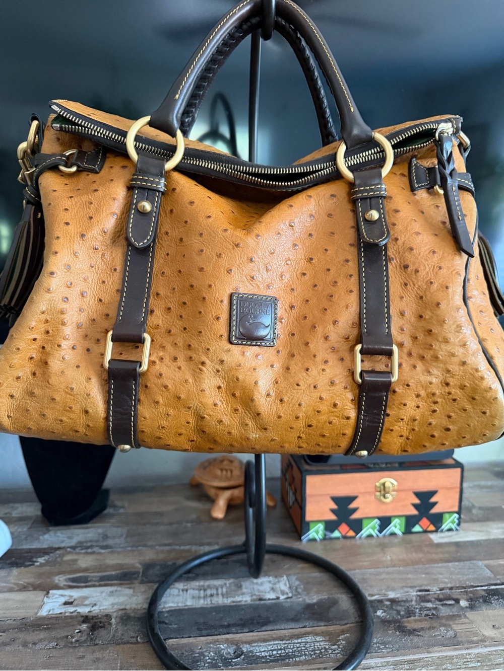 Dooney & Bourke Tan Ostrich-Embossed Satchel with Dark Brown Trim